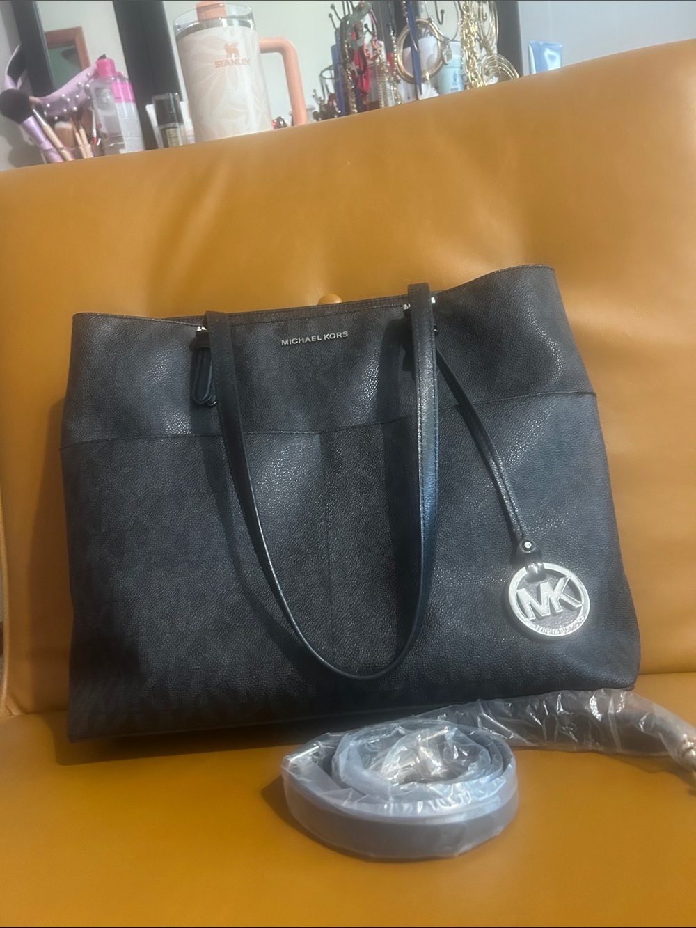 Michael Kors Black and Silver Signature Tote with MK Medallion